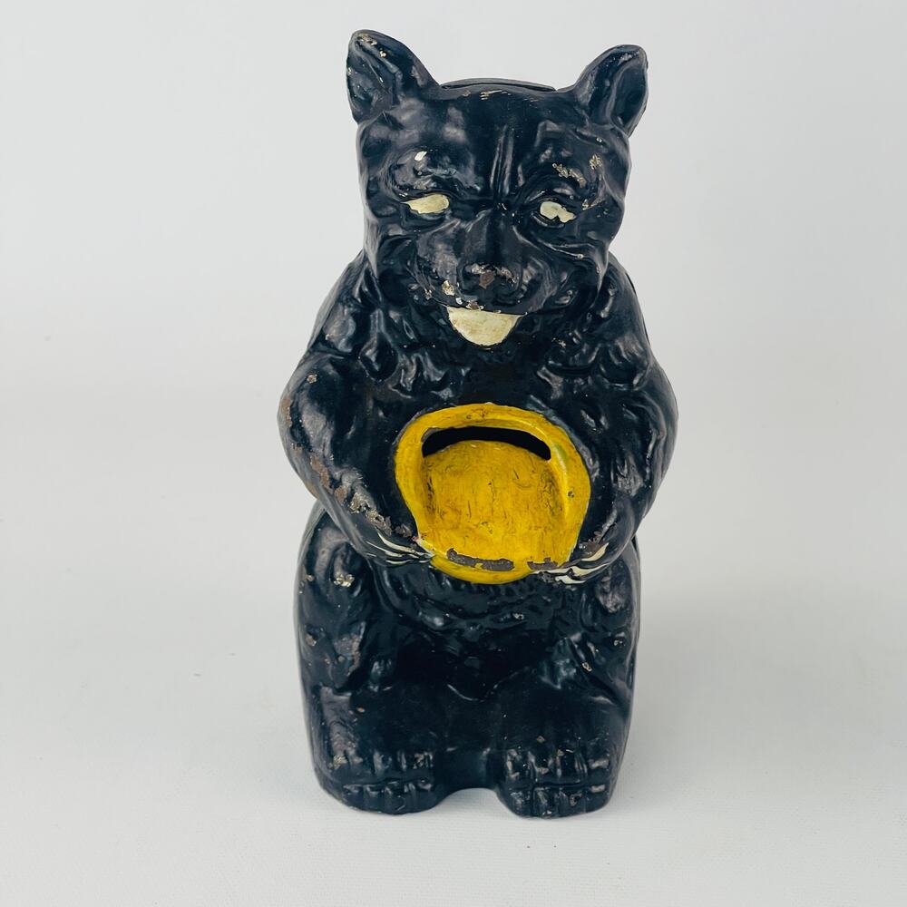 Vintage Reproduction Cast Iron Standing Black Bear with Honey Pot Piggy Bank
